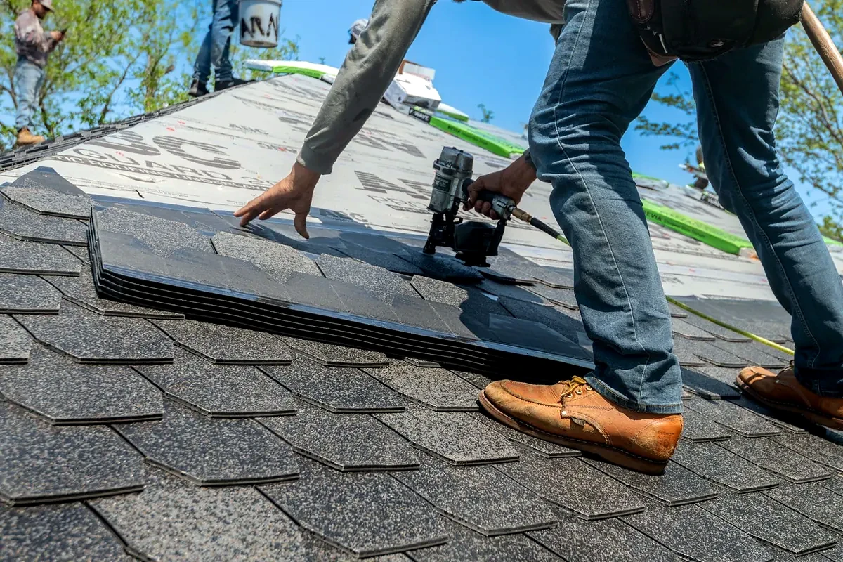 Shingles being installed on a residential roof