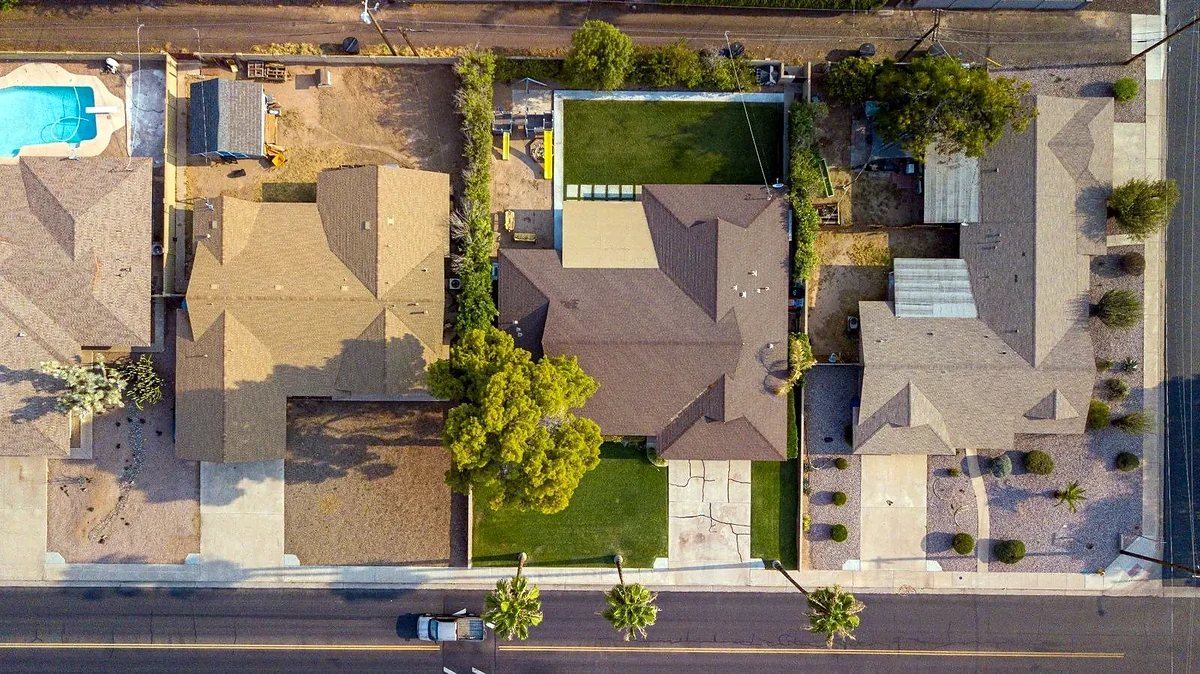 Aerial view of residential rooftops