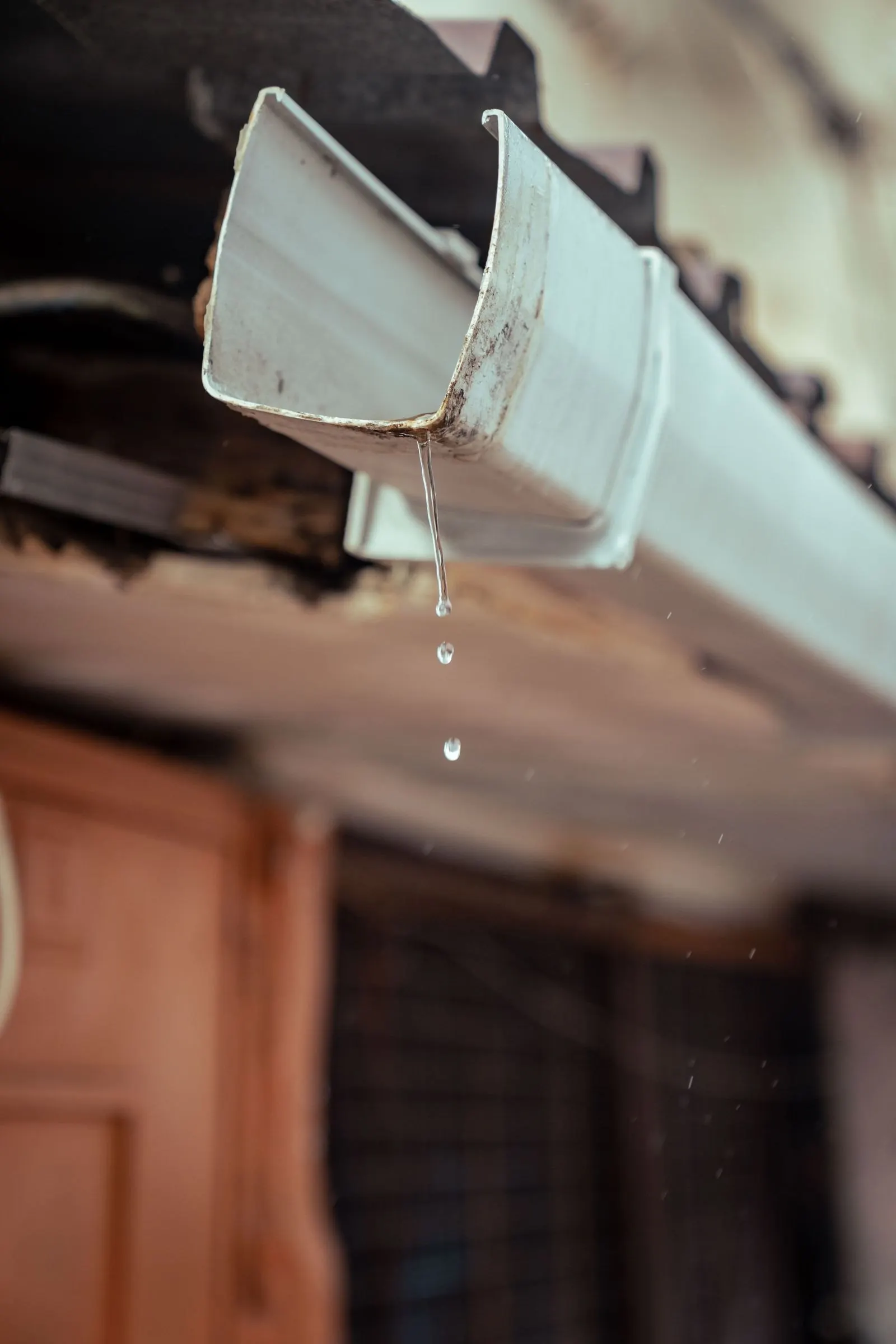 Rainwater dripping from a residential gutter