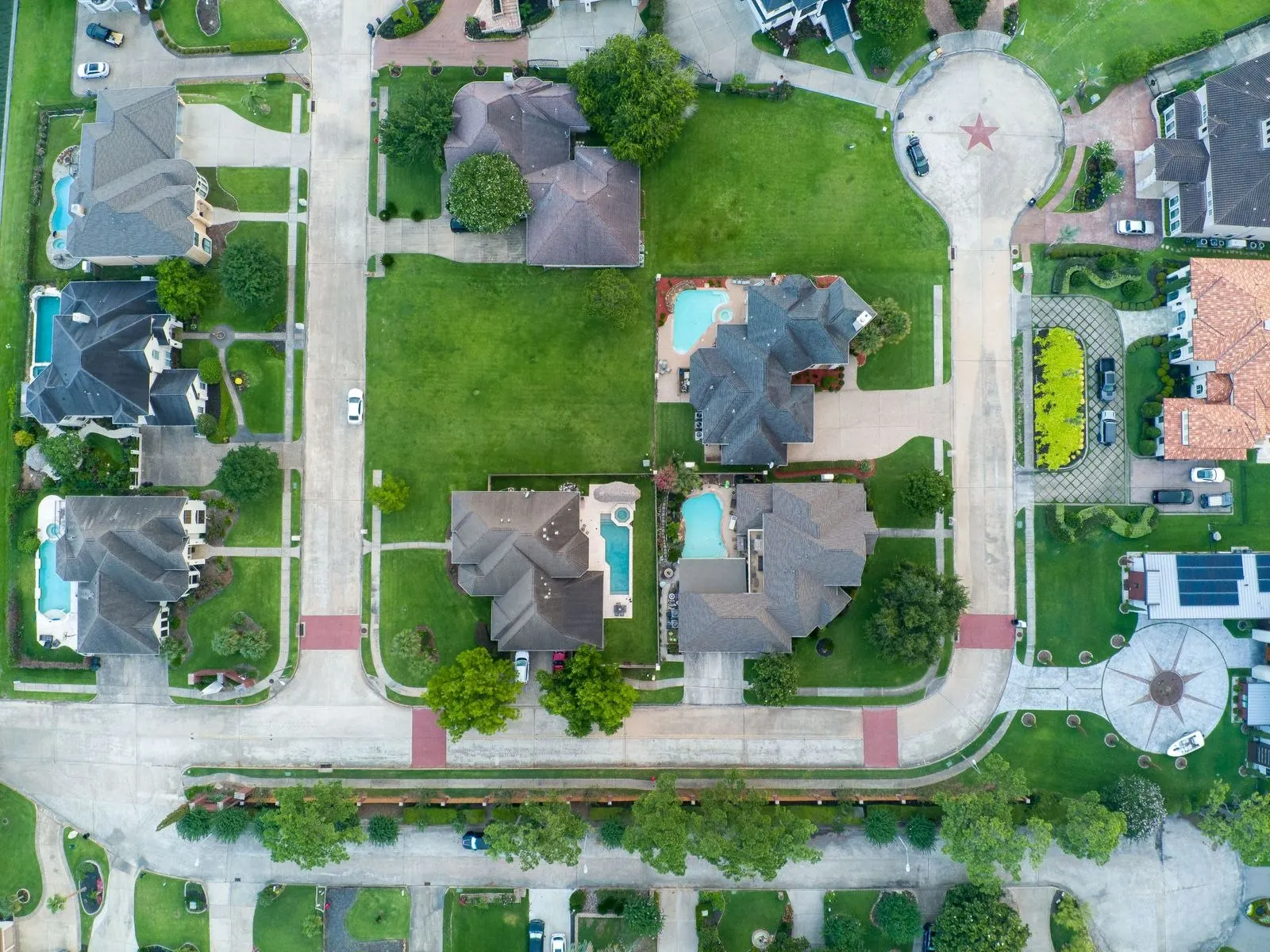 Residential rooftops in Houston viewed from above